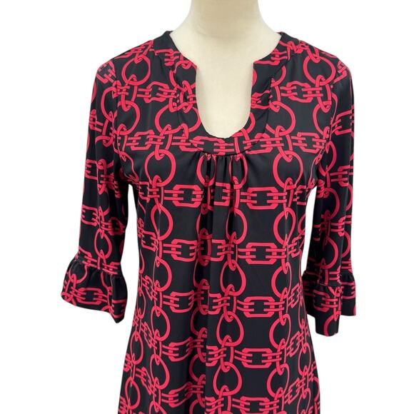 Aryeh Black & Red Geometric Chain Print 3/4 Flounce Sleeve Mini Shift Dress - Picture 7 of 12